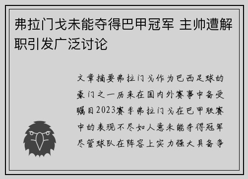 弗拉门戈未能夺得巴甲冠军 主帅遭解职引发广泛讨论